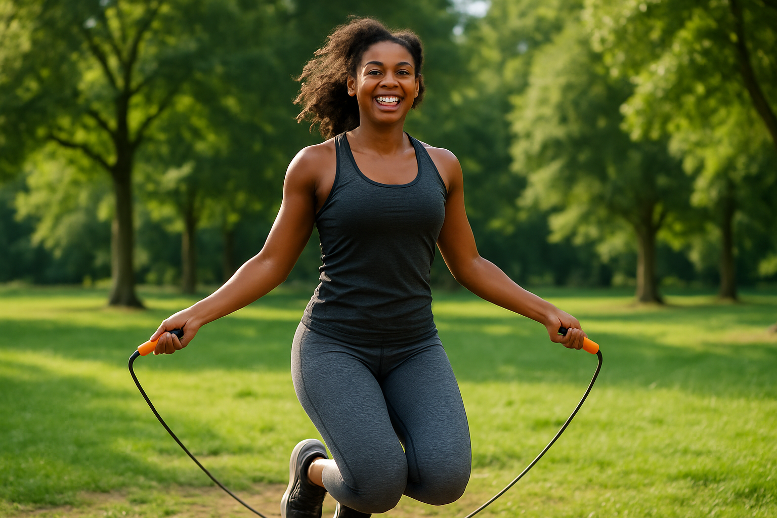 mulher de 30 anos morena, de pele negra em um fundo de parque, pulando corda