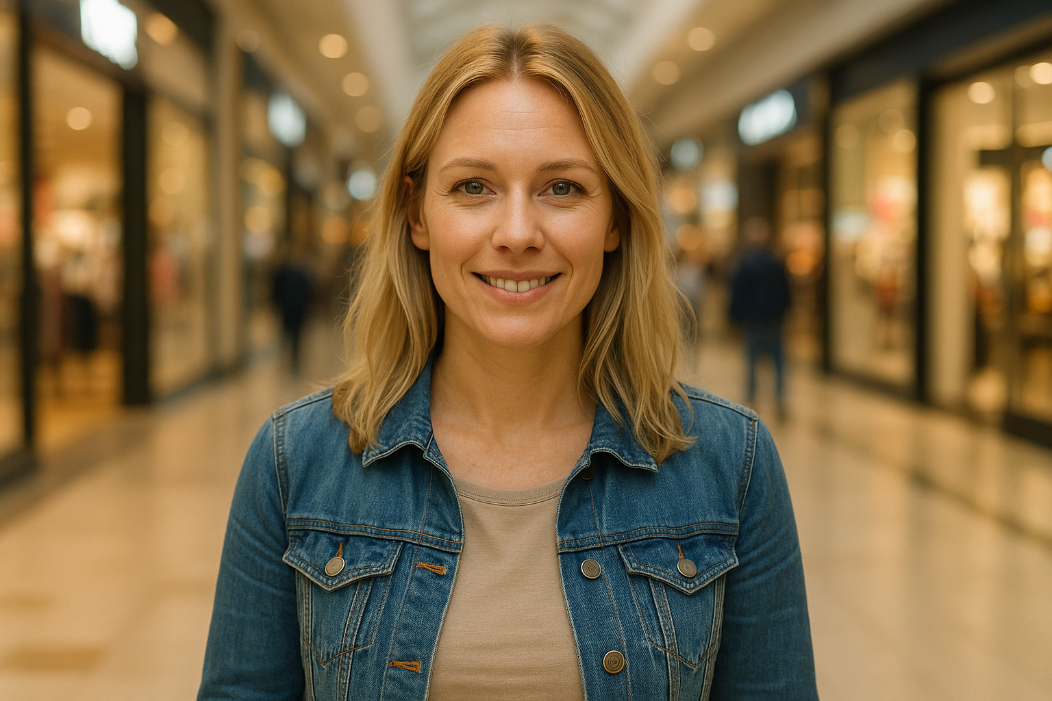 uma mulher loira de 35 anos em um fundo de shopping, bem humanizada
