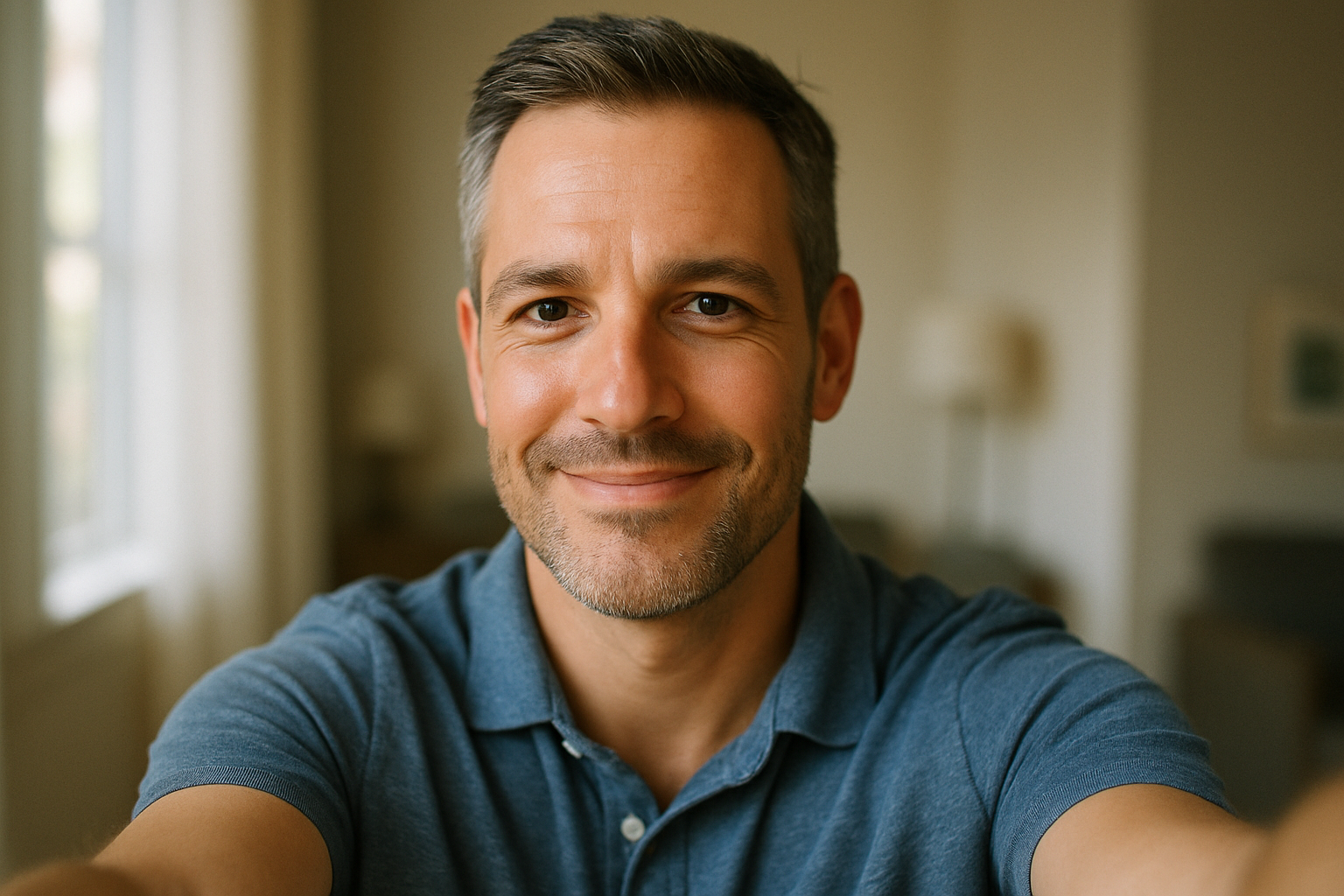 um homem de 40 anos, uma foto em modelo selfie